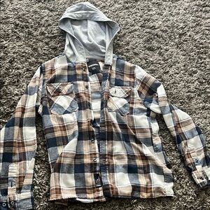 RSQ Blue and Brown Plaid Button Down Shirt with Hood.